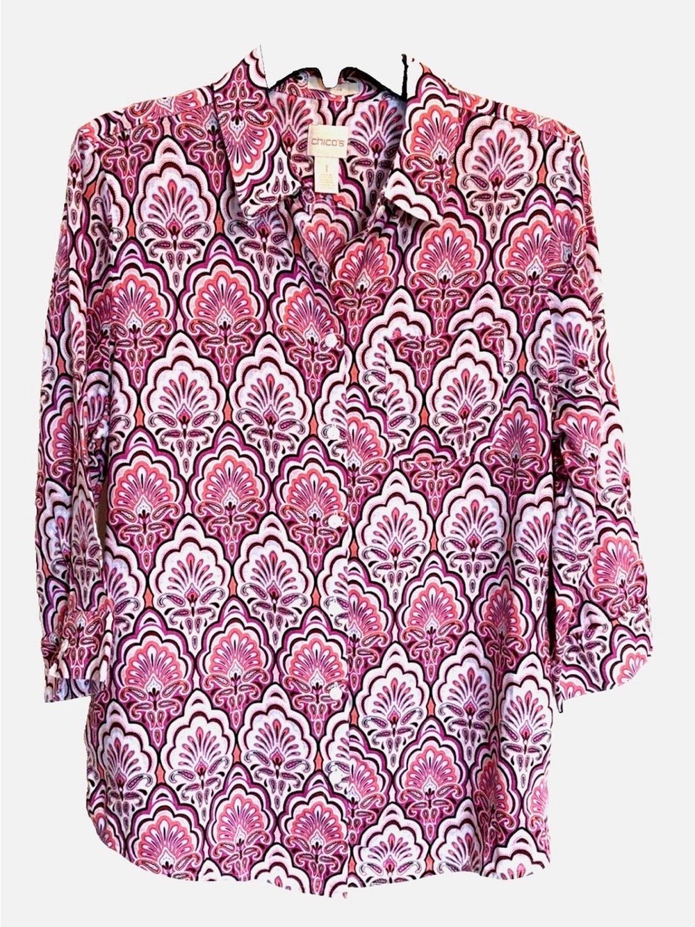 Chico’s No Iron 100% Linen Moroccan Medallion Print Button Front Blouse Sz 1 M